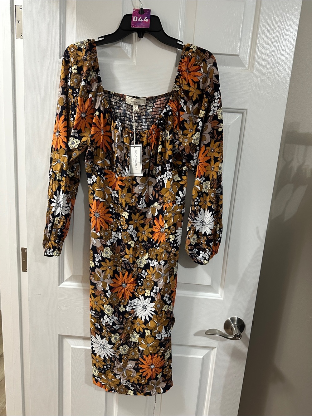 Floral Square-Neck Midi Dress in Orange, White & Brown